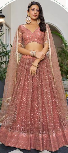 Beige and Brown color Lehenga in Net fabric with Embroidered, Sequence, Thread work