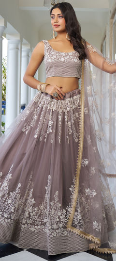 Beige and Brown color Lehenga in Net fabric with Embroidered, Sequence, Thread work