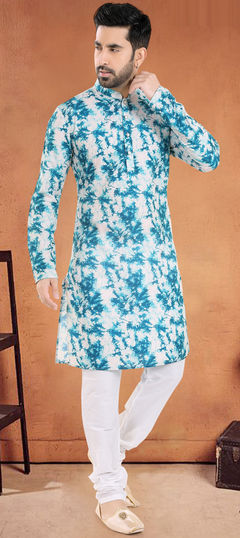 Blue color Kurta Pyjamas in Cotton fabric with Printed work