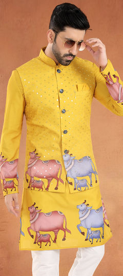 Yellow color Nehru Jacket in Cotton fabric with Printed, Sequence, Thread work