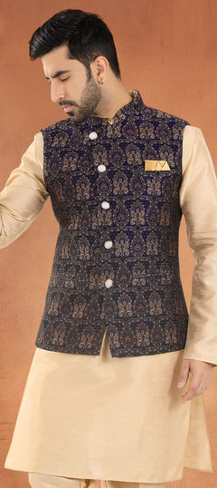 Blue color Nehru Jacket in Jacquard fabric with Weaving work