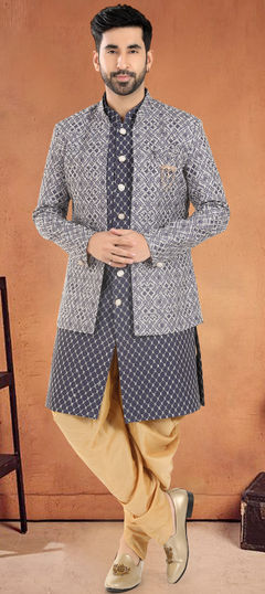 Blue color Kurta Pyjama with Jacket in Cotton fabric with Embroidered, Sequence, Thread work