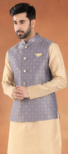 Black and Grey color Nehru Jacket in Jacquard fabric with Weaving work