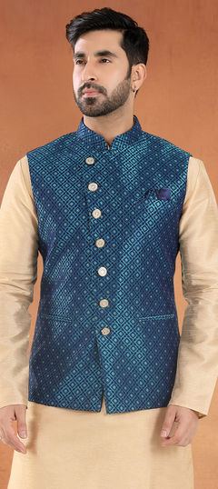 Blue color Nehru Jacket in Jacquard fabric with Weaving work
