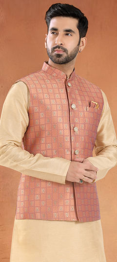 Pink and Majenta color Nehru Jacket in Jacquard fabric with Weaving work