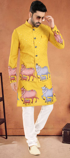 Yellow color Kurta Pyjama with Jacket in Cotton fabric with Printed work