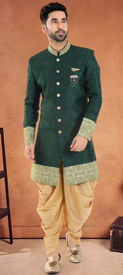 Green color IndoWestern Dress in Silk fabric with Patch work