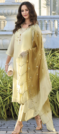 Festive, Reception Gold color Salwar Kameez in Organza Silk fabric with Straight Embroidered, Sequence, Thread work : 1958087