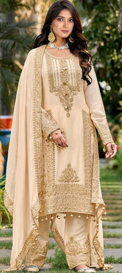 Beige and Brown color Salwar Kameez in Silk fabric with Sequence, Thread, Zari work