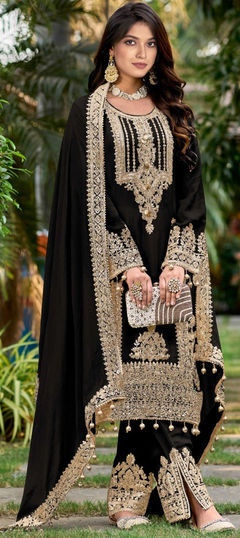 Black and Grey color Salwar Kameez in Silk fabric with Sequence, Thread, Zari work