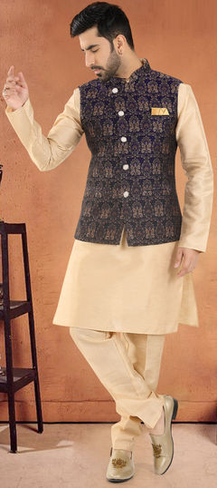 Gold color Kurta Pyjama with Jacket in Silk fabric with Embroidered, Sequence, Thread work