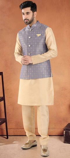 Gold color Kurta Pyjama with Jacket in Silk fabric with Embroidered, Sequence, Thread work