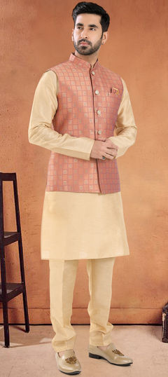 Gold color Kurta Pyjama with Jacket in Silk fabric with Embroidered, Sequence, Thread work