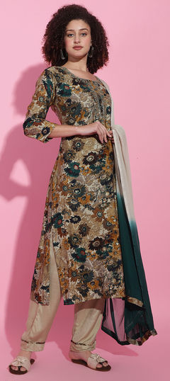 Beige and Brown color Salwar Kameez in Viscose fabric with Cut Dana, Floral, Printed work