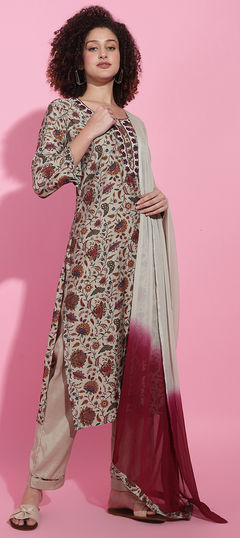 White and Off White color Salwar Kameez in Viscose fabric with Bugle Beads, Cut Dana, Printed work