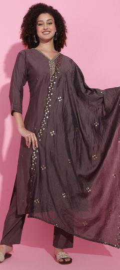 Beige and Brown color Salwar Kameez in Viscose fabric with Bugle Beads, Printed work