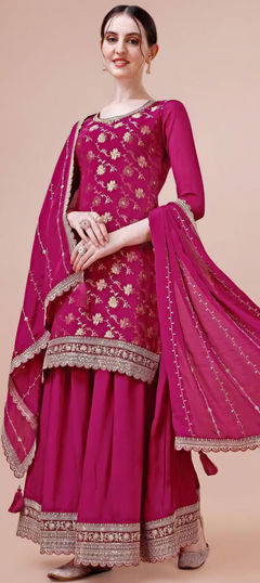 Festive, Reception Pink and Majenta color Salwar Kameez in Silk fabric with Palazzo, Straight Embroidered, Thread work : 1958175