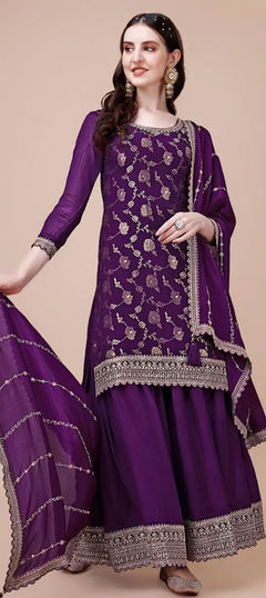 Festive, Reception Purple and Violet color Salwar Kameez in Silk fabric with Palazzo, Straight Embroidered, Thread work : 1958180