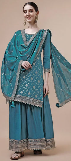 Festive, Reception Blue color Salwar Kameez in Silk fabric with Palazzo, Straight Embroidered, Thread work : 1958181