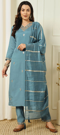 Blue color Salwar Kameez in Art Silk fabric with Embroidered, Thread work