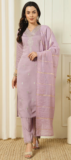 Purple and Violet color Salwar Kameez in Art Silk fabric with Embroidered, Thread work