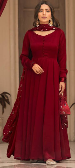 Festive, Reception Red and Maroon color Salwar Kameez in Cotton fabric with Anarkali Thread work : 1958223