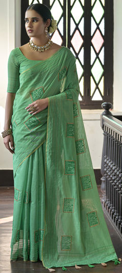 Festive, Traditional Green color Saree in Tussar Silk fabric with South Embroidered, Resham, Thread work : 1958451