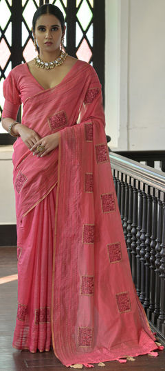 Festive, Traditional Pink and Majenta color Saree in Tussar Silk fabric with South Embroidered, Resham, Thread work : 1958453