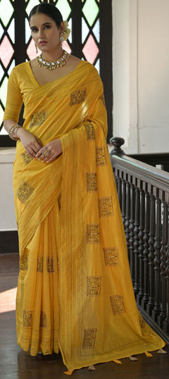 Festive, Traditional Yellow color Saree in Tussar Silk fabric with South Embroidered, Resham, Thread work : 1958454