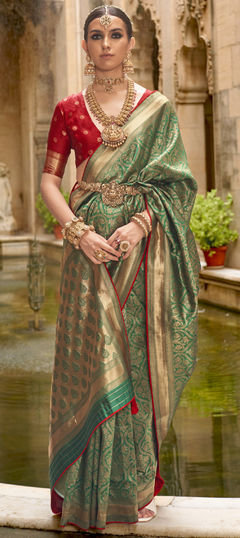 Reception, Traditional Green color Saree in Banarasi Silk fabric with South Weaving, Zari work : 1958511