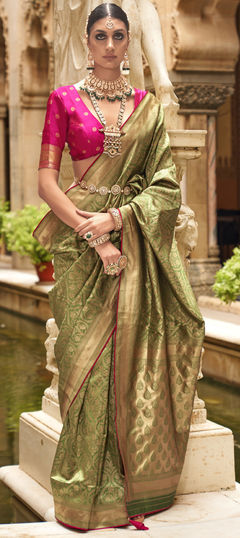 Reception, Traditional Green color Saree in Banarasi Silk fabric with South Weaving, Zari work : 1958514