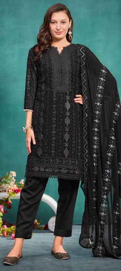 Black and Grey color Salwar Kameez in Georgette fabric with Bugle Beads, Embroidered, Resham, Thread work