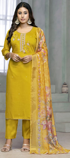 Yellow color Salwar Kameez in Rayon fabric with Bugle Beads, Embroidered, Resham, Thread work