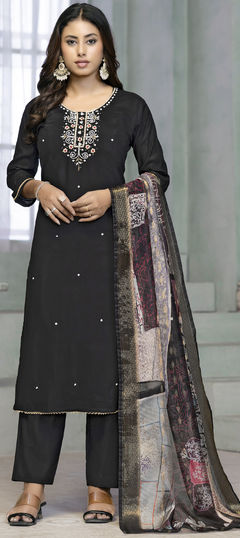 Black and Grey color Salwar Kameez in Rayon fabric with Bugle Beads, Cut Dana work