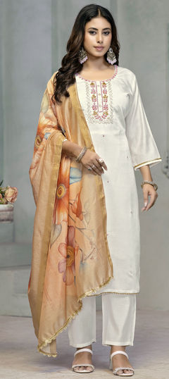 Beige and Brown color Salwar Kameez in Rayon fabric with Bugle Beads, Cut Dana, Thread work