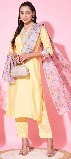 Yellow color Salwar Kameez in Blended fabric with Embroidered, Printed work