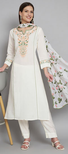 White and Off White color Salwar Kameez in Blended fabric with Embroidered, Printed work