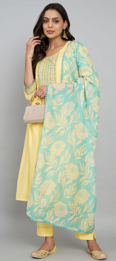 Yellow color Salwar Kameez in Art Silk fabric with Embroidered, Printed work