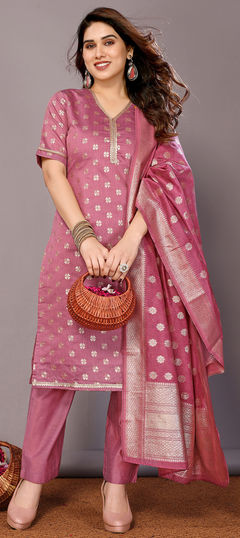 Festive, Party Wear Pink and Majenta color Salwar Kameez in Chanderi Silk fabric with Palazzo, Straight Weaving work : 1958574