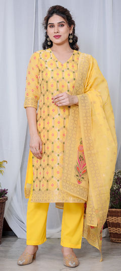 Festive, Reception Yellow color Salwar Kameez in Chanderi Silk fabric with Straight Weaving work : 1958575