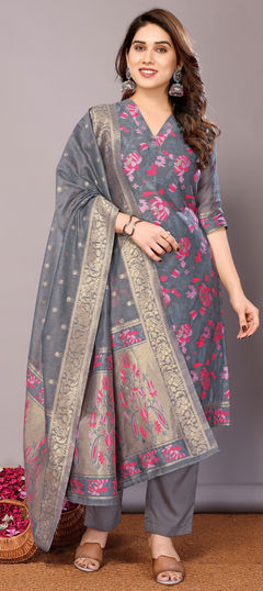 Festive, Party Wear Black and Grey color Salwar Kameez in Chanderi Silk fabric with Palazzo, Straight Weaving work : 1958576