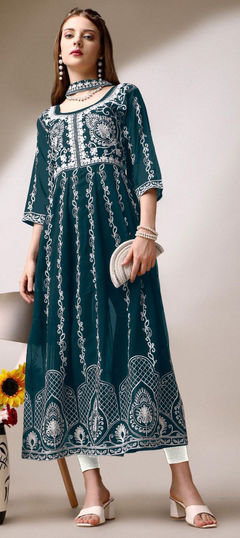 Party Wear Green color Kurti in Georgette fabric with Anarkali, Long Sleeve Embroidered, Resham, Thread work : 1958583