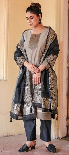 Festive, Reception Black and Grey color Salwar Kameez in Chanderi Silk fabric with Straight Weaving work : 1958584