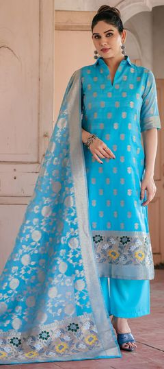 Festive, Reception Blue color Salwar Kameez in Chanderi Silk fabric with Straight Weaving work : 1958585