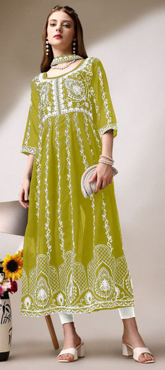 Party Wear Yellow color Kurti in Georgette fabric with Anarkali, Long Sleeve Embroidered, Resham, Thread work : 1958586