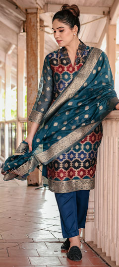 Festive, Reception Blue color Salwar Kameez in Chanderi Silk fabric with Straight Weaving work : 1958587