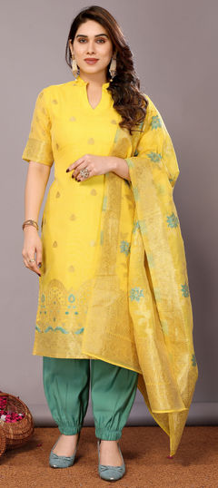 Festive, Party Wear Yellow color Salwar Kameez in Chanderi Silk fabric with Palazzo, Straight Weaving work : 1958592