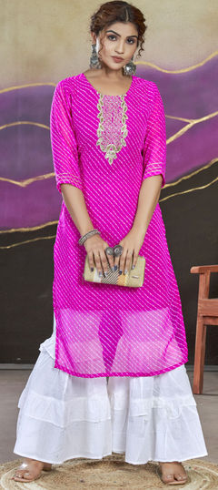 Festive Pink and Majenta color Kurti in Georgette fabric with Long Sleeve, Straight Embroidered, Lehariya, Printed work : 1958606