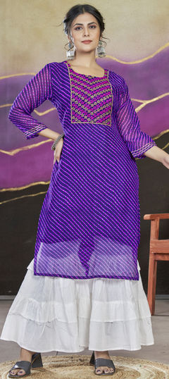 Festive Purple and Violet color Kurti in Georgette fabric with Long Sleeve, Straight Embroidered, Lehariya, Printed work : 1958607