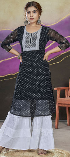 Festive Black and Grey color Kurti in Georgette fabric with Long Sleeve, Straight Embroidered, Lehariya, Printed work : 1958608